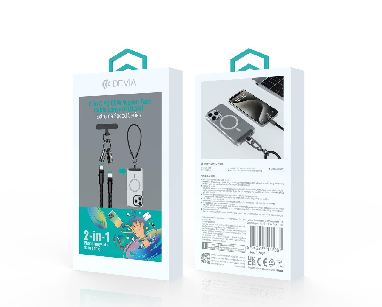 Devia PD 60W USB-C Fast Charging Cable Lanyard - Compact & Durable