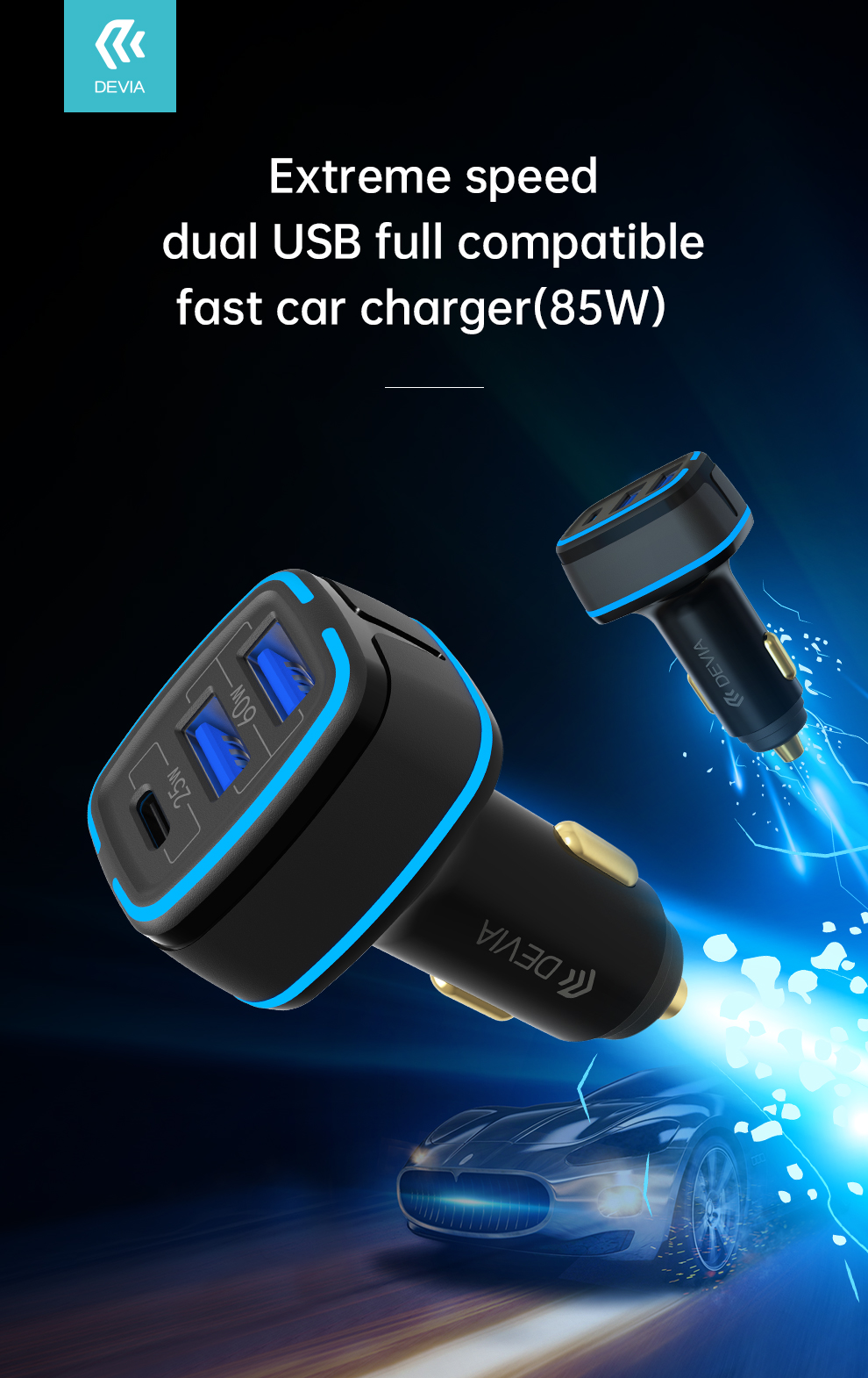 Devia Extreme Speed Series Dual Usb & 1 Type - C, Full Compatible Fast Car Charger ( 85w )