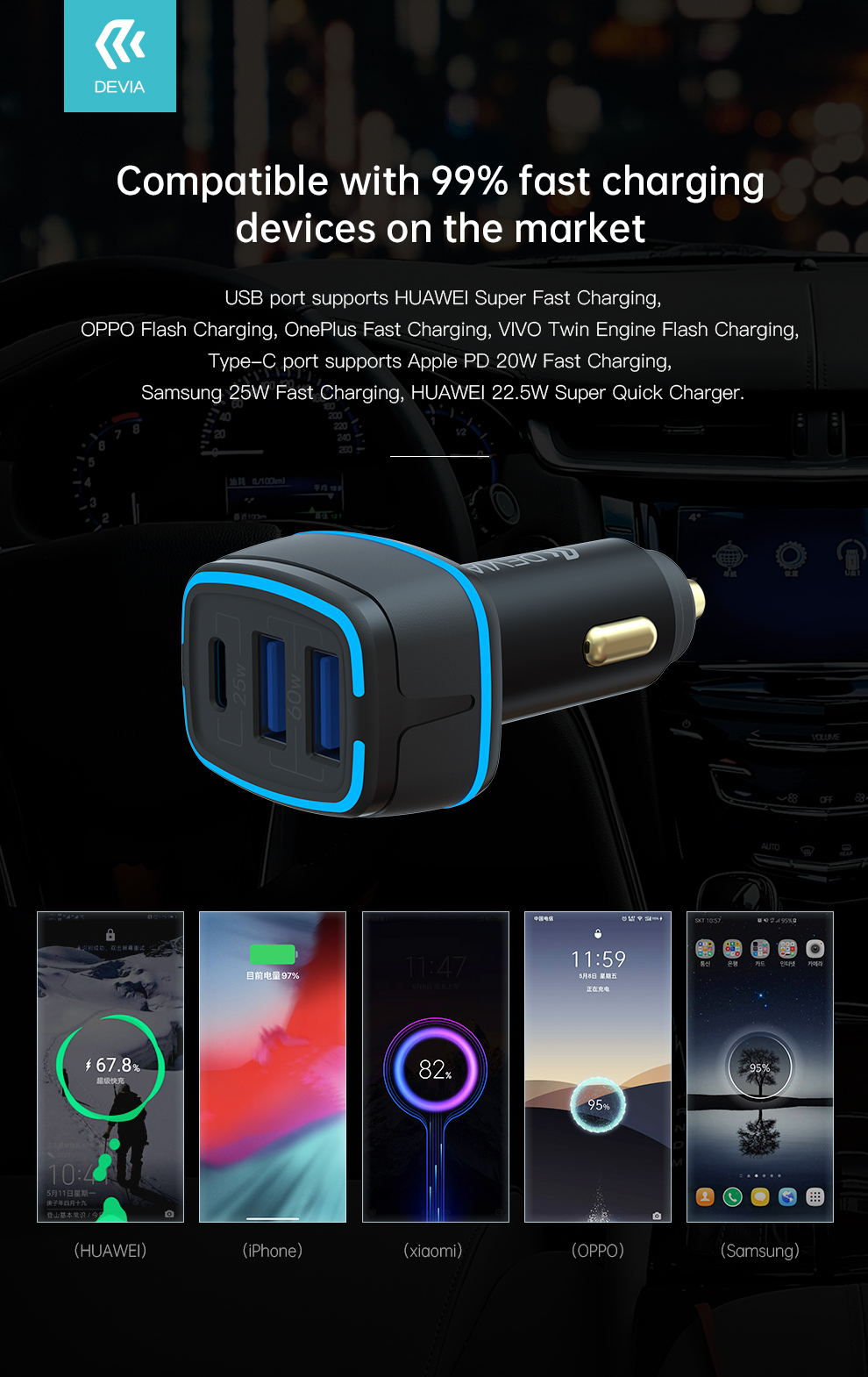 Devia Extreme Speed Series Dual Usb & 1 Type - C, Full Compatible Fast Car Charger ( 85w )