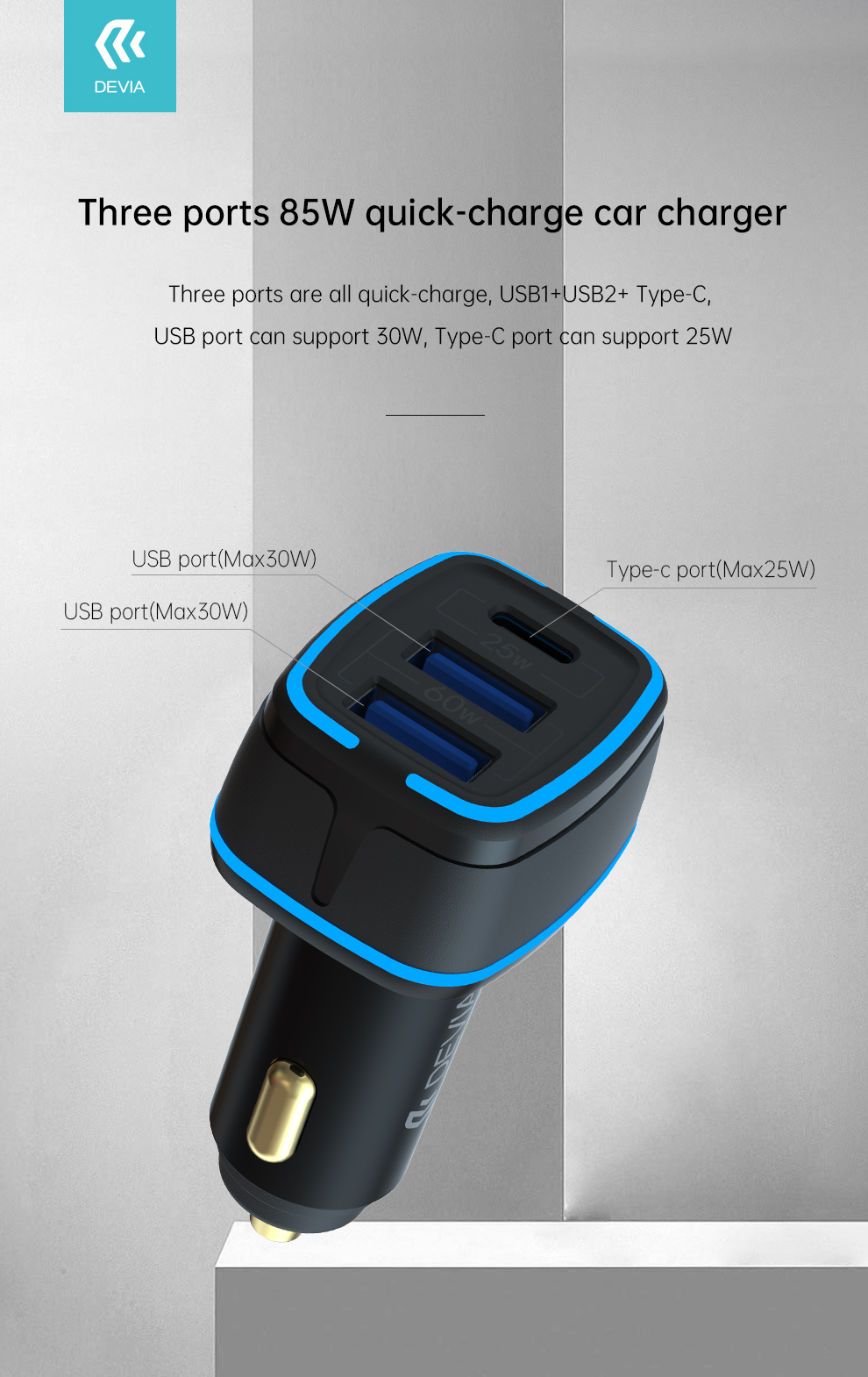 Devia Extreme Speed Series Dual Usb & 1 Type - C, Full Compatible Fast Car Charger ( 85w )