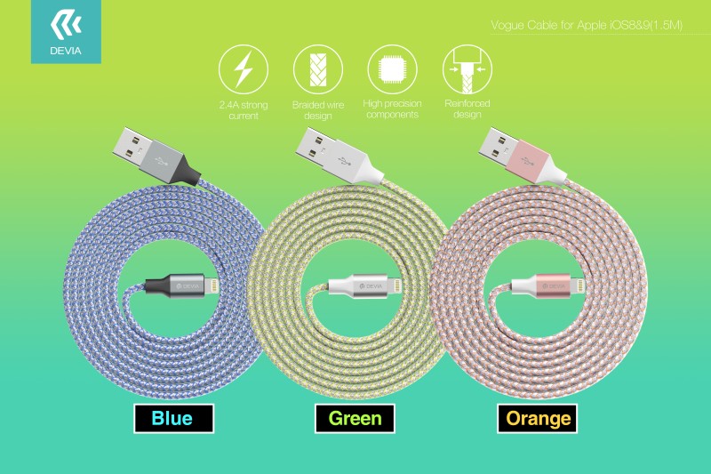 DEVIA Vogue Lightning Cable for Apple iOS 8,9,10,11 and above. 1.5M In Braided Rope and Aluminum Connectors