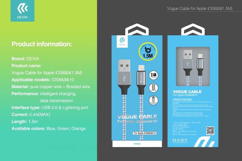 DEVIA Vogue Lightning Cable for Apple iOS 8,9,10,11 and above. 1.5M In Braided Rope and Aluminum Connectors