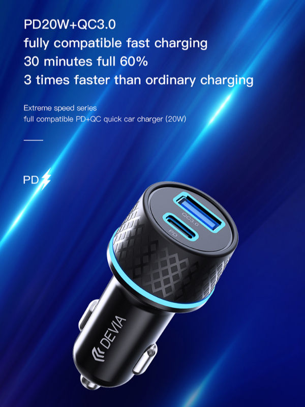 Xtreme 30W Power Delivery 3.0 Fast Charger Car Charger, 2 Device Ports:  Type-C and USB-A