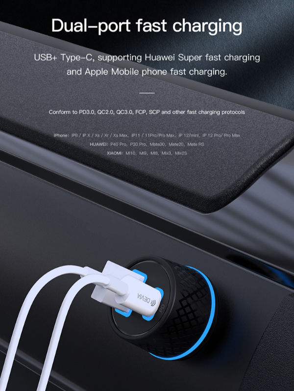 Devia Extreme Speed Series Power Plug Adapter PD+QC Quick Car Charger Fast Charging Dual Socket USB + Type C 42.5W