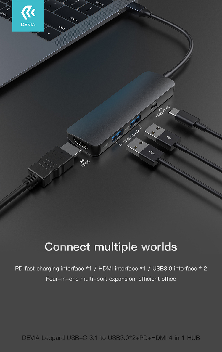 Leopard Hub 4 in 1 From type-c to hdmi 2 x usb pd, Portable and light weight, Compact design, Easily expand your USB C devices and fulfill your daily use