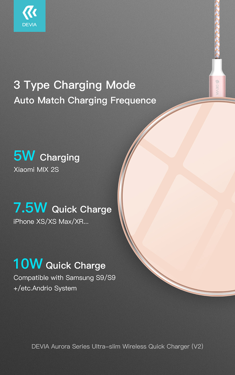 Devia Ultra-Slim Wireless Charger Somatology design, easily carried on the go for convenient wireless charging. No more wires fuss.