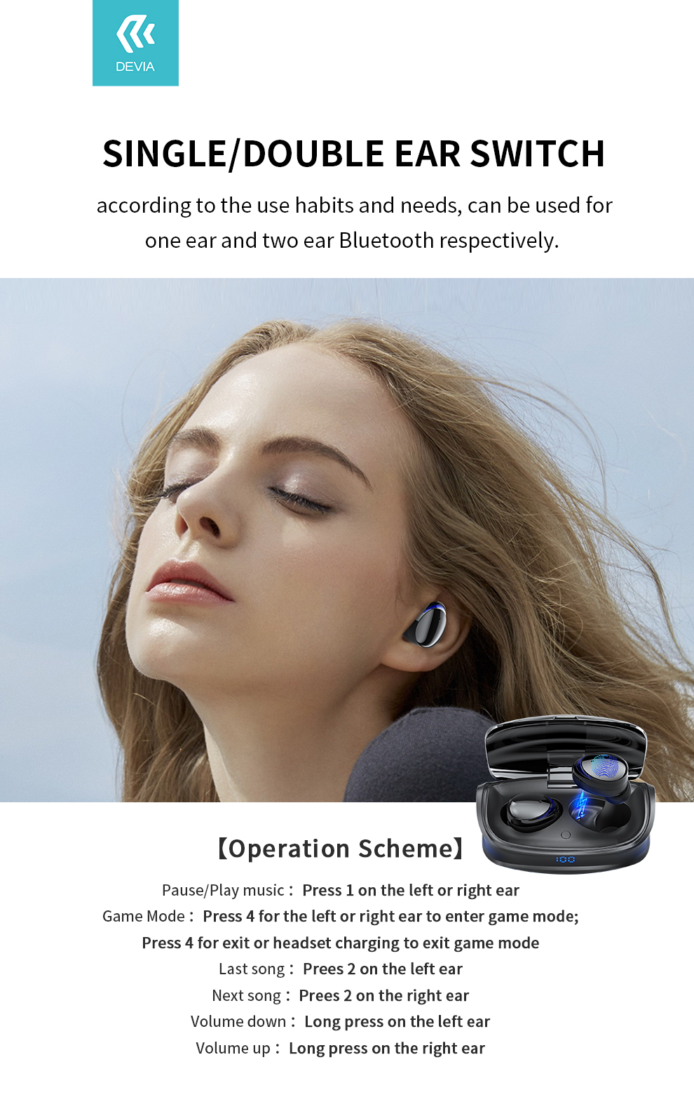 DEVIA Game Joy A9 Series TWS (True Wireless Stereo) Wireless Earphone with Charging Box (Black)