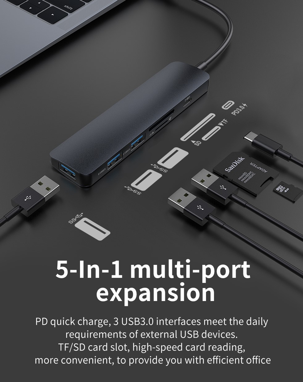 Leopard USB Hub 5 in 1, Portable and light weight, Compact design, Easily expand your USB C devices and fulfill your daily use