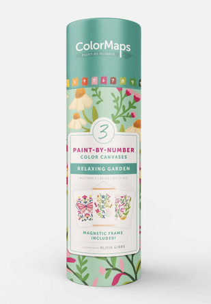 ColorMaps Paint-by-Number Relaxing Garden: Everything You Need to Create 3 Beautiful Paintings: 3 Colored-Line Canvases, 12 Acrylic Paint Pots, 1 Magnetic Frame, 2 Paintbrushes, and Instruction Leaflet Included! by Olivia Gibbs 9780764371769