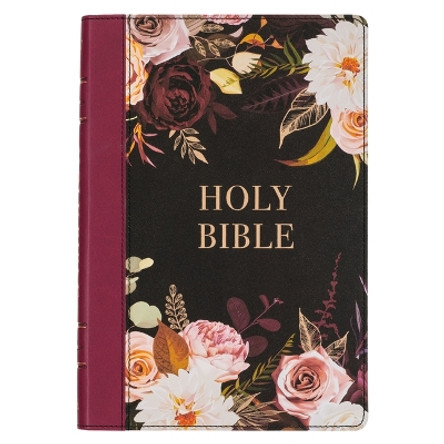 KJV Holy Bible, Thinline Large Print Faux Leather Red Letter Edition - Thumb Index & Ribbon Marker, King James Version, Black/Burgundy Printed Floral by Christian Art Gifts 9781642729924