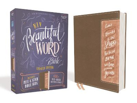 NIV, Beautiful Word Bible, Updated Edition, Peel/Stick Bible Tabs, Leathersoft, Brown/Pink, Red Letter, Comfort Print: 600+ Full-Color Illustrated Verses by Zondervan