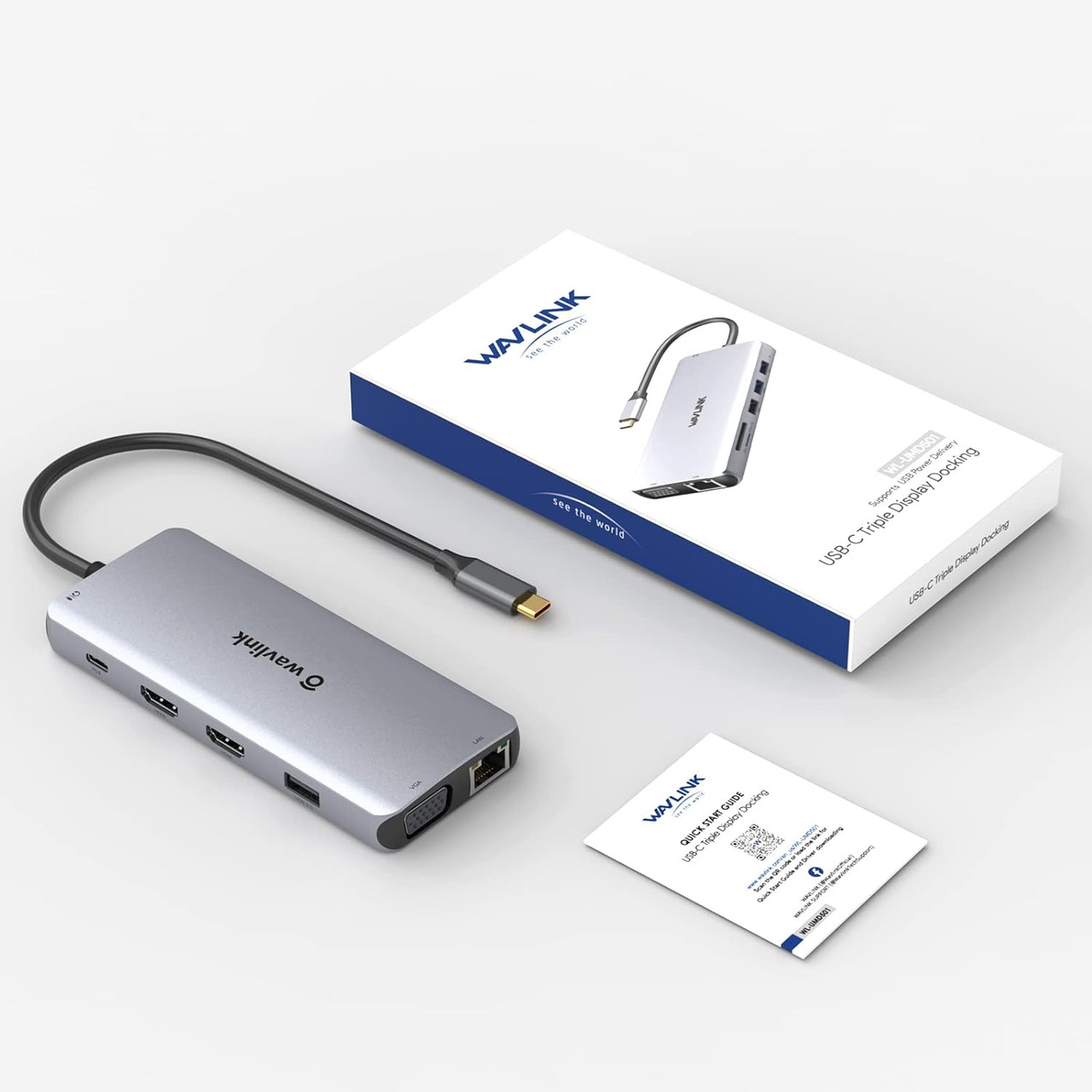 WAVLINK 12-in-1 USB C Hub Triple Display Dock – 2x HDMI, DP, RJ45, 100W PD For Universal Laptops (Silver)