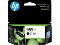 Genuine HP 955XL Black Ink Cartridge packaging with green accents and HP logo displayed prominently.