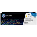 HP Genuine 304A Yellow Toner Cartridge for HP COLOR LASERJET CP2025, genuine HP product packaging with brand logo and product details clearly visible.