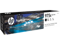 Genuine HP 975X Black PageWide ink cartridge box with product details and HP logo displayed.