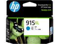 Genuine HP 915XL Cyan Ink Cartridge, cyan color, HP branding, product packaging with insect image.