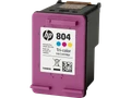 Genuine HP 804 Tri-Colour Ink Cartridge, purple, with white label and black, blue, pink, yellow ink. Genuine HP 804 Tri-Colour Ink Cartridge, purple, with white label and black, blue, pink, yellow ink.