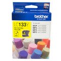 Brother LC-133 Yellow Ink Cartridge, original packaging with product details and color indicator.