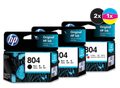 HP 804 Ink Cartridge Value Pack, 2 Black, 1 Tri-Colour, Original HP ink cartridges, blue and black packaging.
