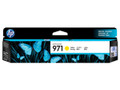 Genuine HP 971 Yellow Ink Cartridge, Official HP product packaging with blue floral design and logo.