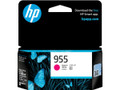 Genuine HP 955 Magenta Ink Cartridge, HP brand, magenta color, product packaging with butterfly design visible.