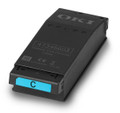 Oki C650DN Cyan Toner cartridge with cyan label and OKI branding on top surface shown.
