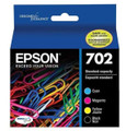 Epson 702 ink cartridge set, black, cyan, magenta, yellow, original Epson brand packaging.