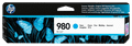 Genuine HP 980 Cyan Ink Cartridge, cyan color, HP brand, printer ink product packaging visible. Genuine HP 980 Cyan Ink Cartridge, cyan color, HP brand, printer ink product packaging visible.