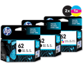 HP 62 Ink Cartridge Value Pack, 2 Black, 1 Tri-Colour, by HP, in packaging, on black background.