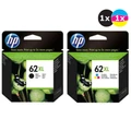 HP 62XL Black and Colour Ink Cartridge Combo Pack, two-pack, green and black packaging, HP logo.
