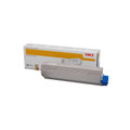 Oki C833N Cyan Toner cartridge with box packaging, silver and blue color, OKI branding visible.