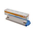 Oki C911 Yellow Toner cartridge with packaging, featuring grey and blue design, Oki branding visible.