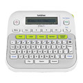 Brother D210 P-Touch Label Maker, white handheld labeler with keyboard and LCD display, Brother brand device.