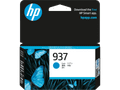 Genuine HP 937 Cyan Ink Cartridge, cyan color, HP branding, product packaging with blue  design.