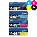 Brother TN-443 Toner Cartridges bundle, 1 each of black, cyan, magenta, yellow, Brother brand packaging. Brother TN-443 Toner Cartridges bundle, 1 each of black, cyan, magenta, yellow, Brother brand packaging.