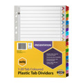 Marbig A4 1-20 Tab Reinforced Coloured Dividers, yellow packaging with multicolored tabs and barcode visible.