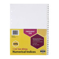 Marbig A4 Polypropylene 1-54 Tab White Dividers Index Set with numerical indices and barcode label.