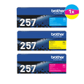 Brother TN-257CMY-BDLE Cyan, Magenta, Yellow toner cartridges, original packaging, three colorful boxes side by side.