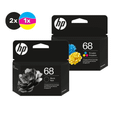 HP68BLKCLR3PK Value Pack Ink Cartridge, 2 black, 1 color, HP original packaging, black and colorful design.