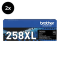 Brother TN-258XLBKX2 Black Toner Cartridge box, two-pack, blue and black, Brother logo visible clearly.