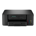 Compact black 3-in-1 printer with control panel, ink tanks, and paper tray, matte finish.