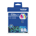Brother LC-536XL BCMY Pack ink cartridge box, blue and white packaging with colorful ink droplets. Brother LC-536XL BCMY Pack ink cartridge box, blue and white packaging with colorful ink droplets.