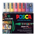 Posca PC-5BR Paint Markers, 16 assorted colors, brush tip, water-based pigment ink markers set.