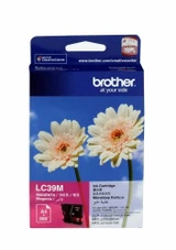 Brother LC39 Magenta Ink Cartridge packaging with two white flowers on a blue background.