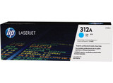 HP Genuine 312A Cyan Toner Cartridge, genuine LaserJet printer supplies, cyan color, original packaging.