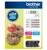 Brother LC233 CMY Colour Pack, 3PK, genuine magenta, cyan, and yellow ink cartridges, Brother brand.