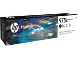 Genuine HP 975X Black PageWide ink cartridge box with product details and HP logo displayed.