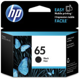 Genuine HP 65 Black Ink Cartridge, HP logo, blue , and product details on packaging.