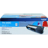 Brother TN340 Cyan Toner Cartridge box packaging with product details and color label visible clearly.