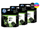 HP 65XL Ink Cartridge Value Pack, 2 Black, 1 Tri-Colour, HP brand, green and black packaging.